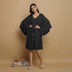 Black Crinkled Cotton Flax V-Neck Drop Shoulder Knee Length Dress