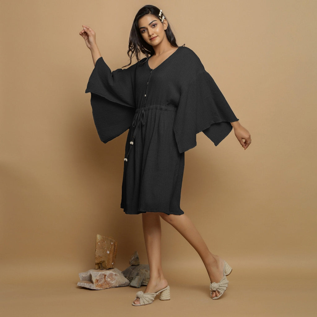 Black Crinkled Cotton Flax V-Neck Drop Shoulder Knee Length Dress