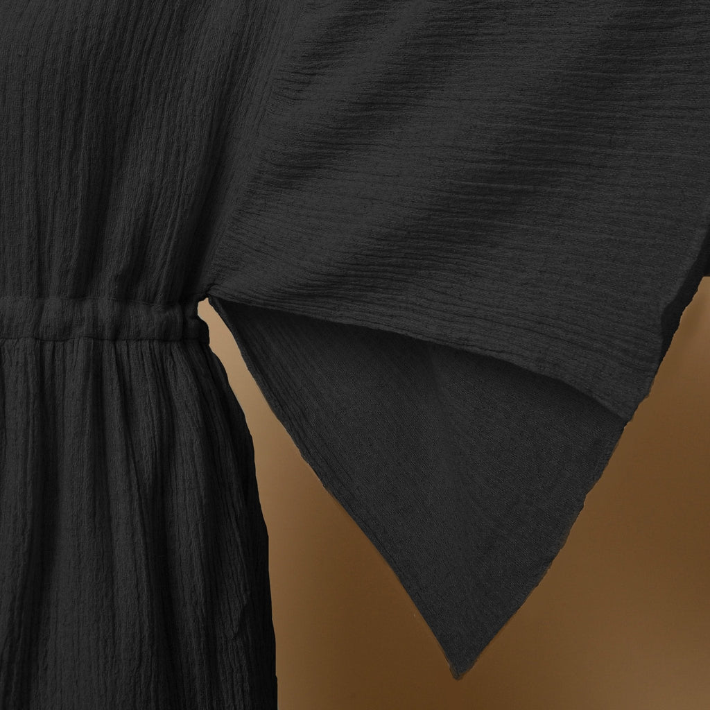 Black Crinkled Cotton Flax V-Neck Drop Shoulder Knee Length Dress