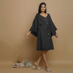 Black Crinkled Cotton Flax V-Neck Drop Shoulder Knee Length Dress