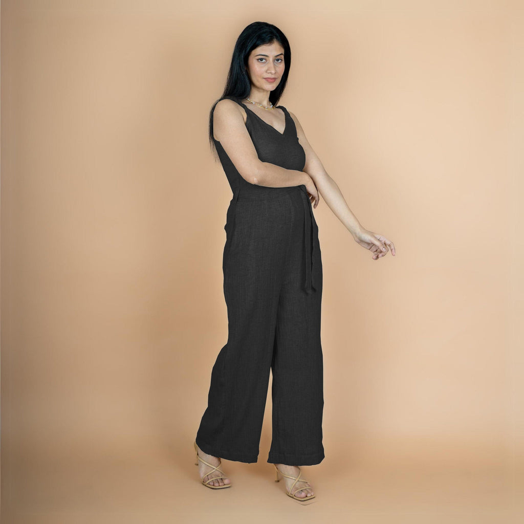 Black Crinkled Cotton Flax V-Neck Strap Sleeve Jumpsuit
