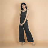 Black Crinkled Cotton Flax V-Neck Strap Sleeve Jumpsuit