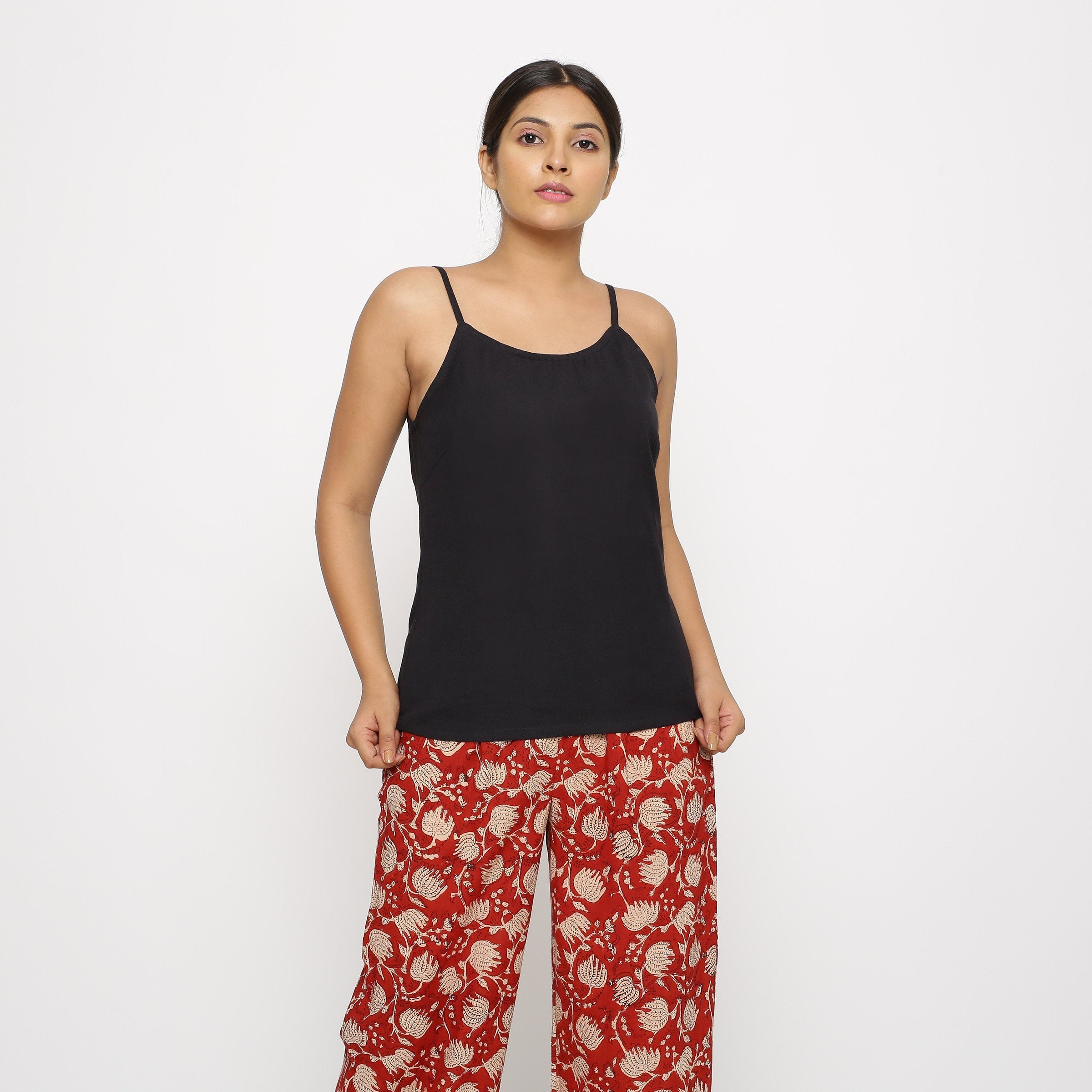 Front View of a Model wearing Black Cotton Flax Spaghetti Strap Top