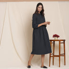Right View of a Model wearing Black Warm Cotton Flannel Peter Pan Midi Dress