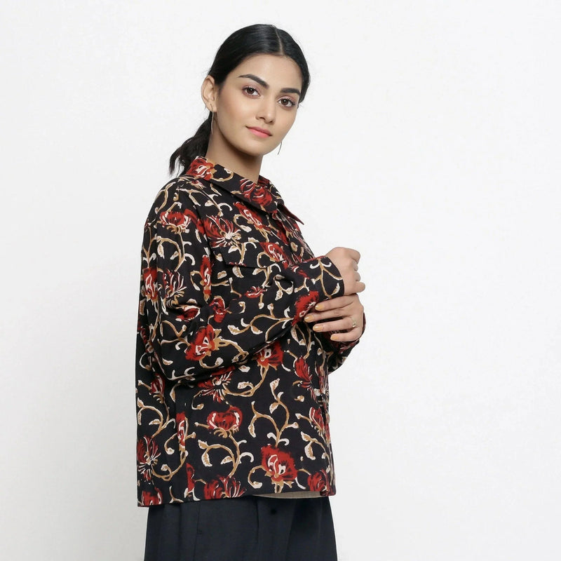 Right View of a Model wearing Black Bagru Block Printed Shirt