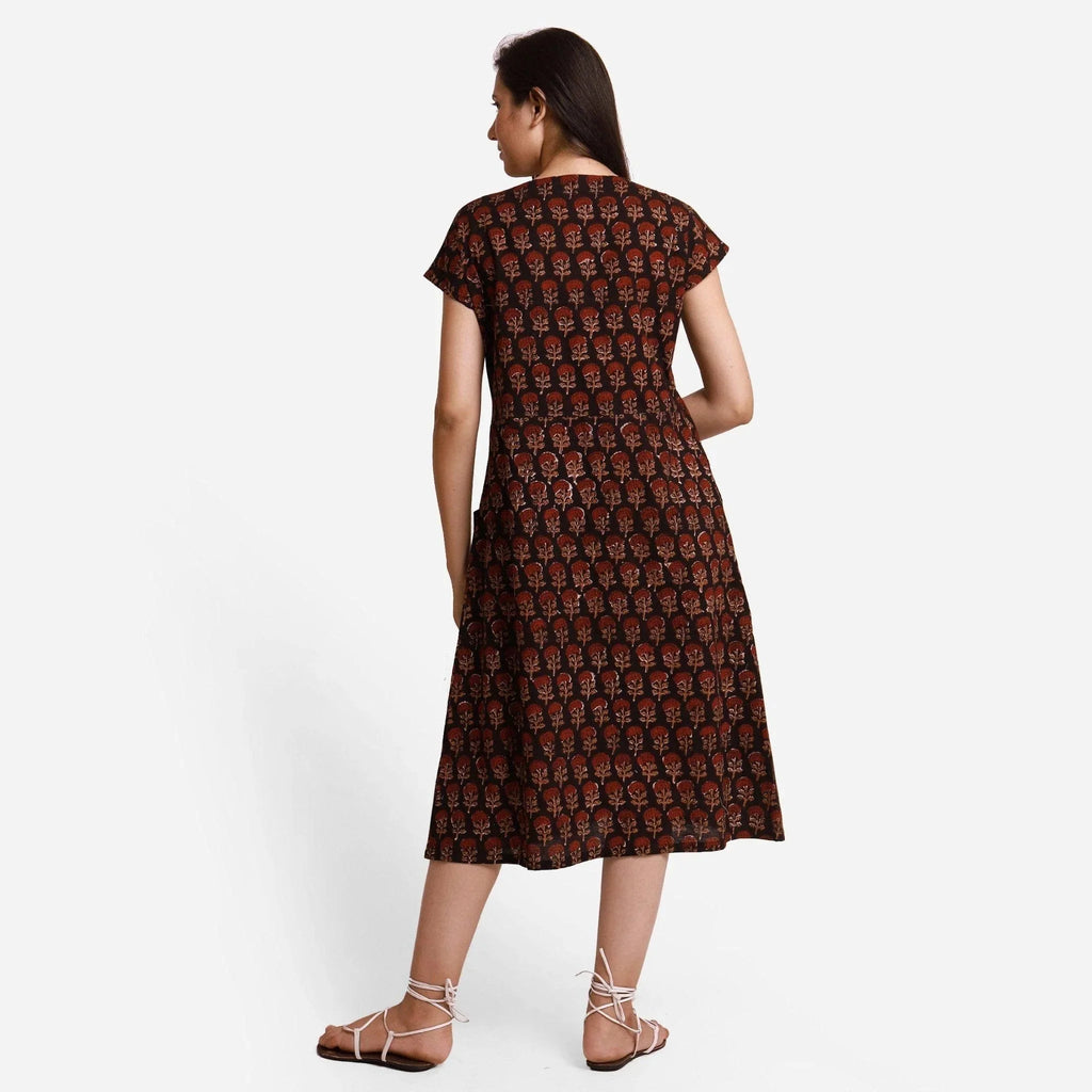Back View of a Model wearing Bagru Printed Floral Shirt Dress
