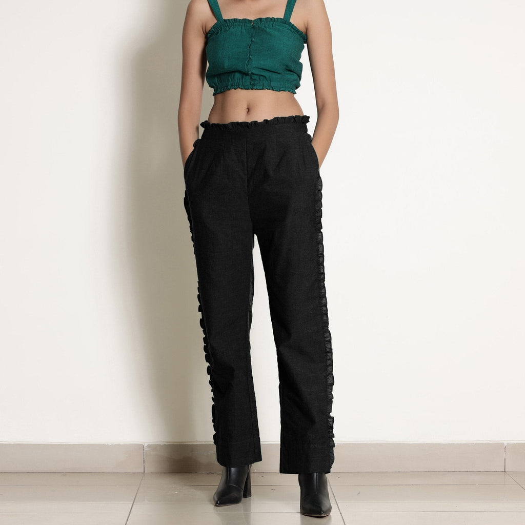 Black Frilled Cotton Flax Paperbag Pant