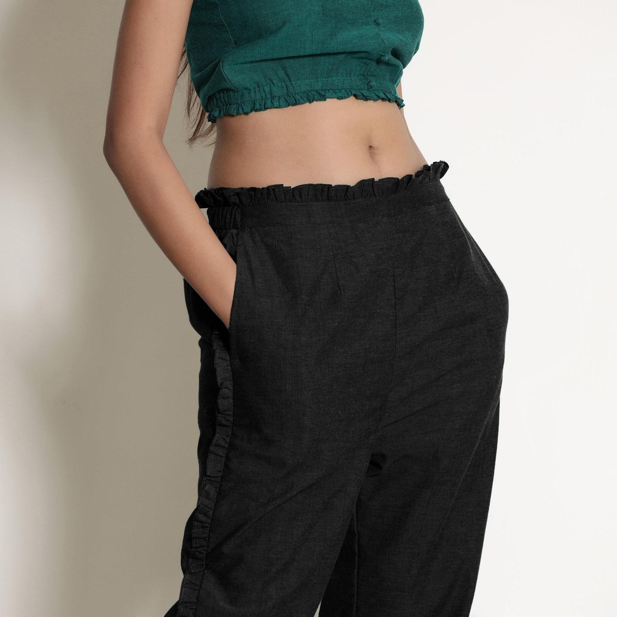 Black Frilled Cotton Flax Paperbag Pant