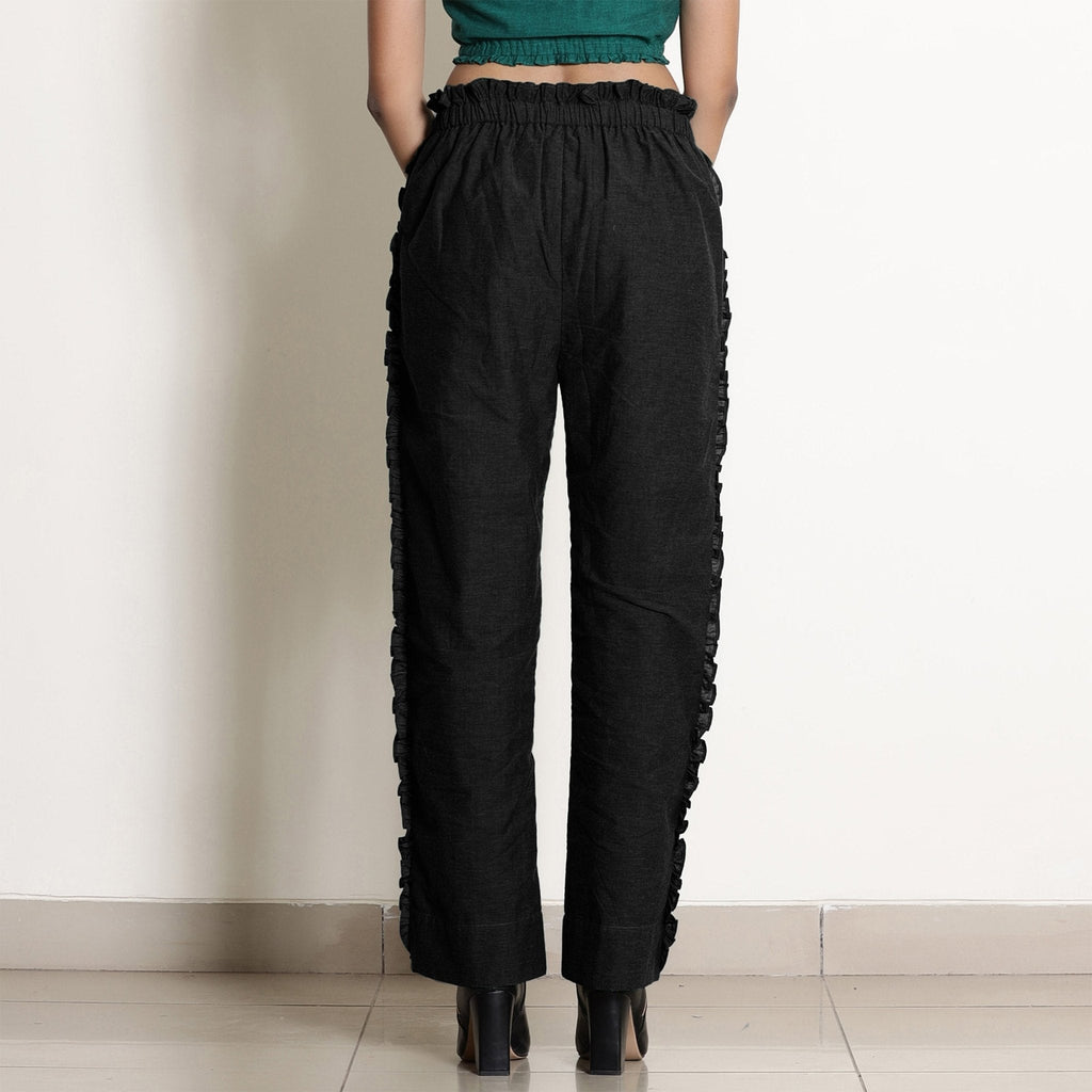Black Frilled Cotton Flax Paperbag Pant