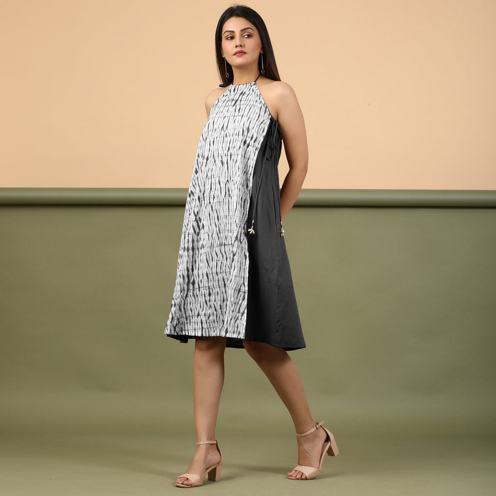Black Halter Neck Tie-Dye Cotton Knee Length Dress