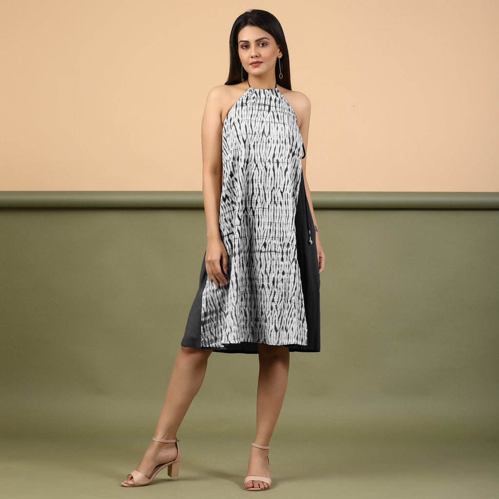 Black Halter Neck Tie-Dye Cotton Knee Length Dress