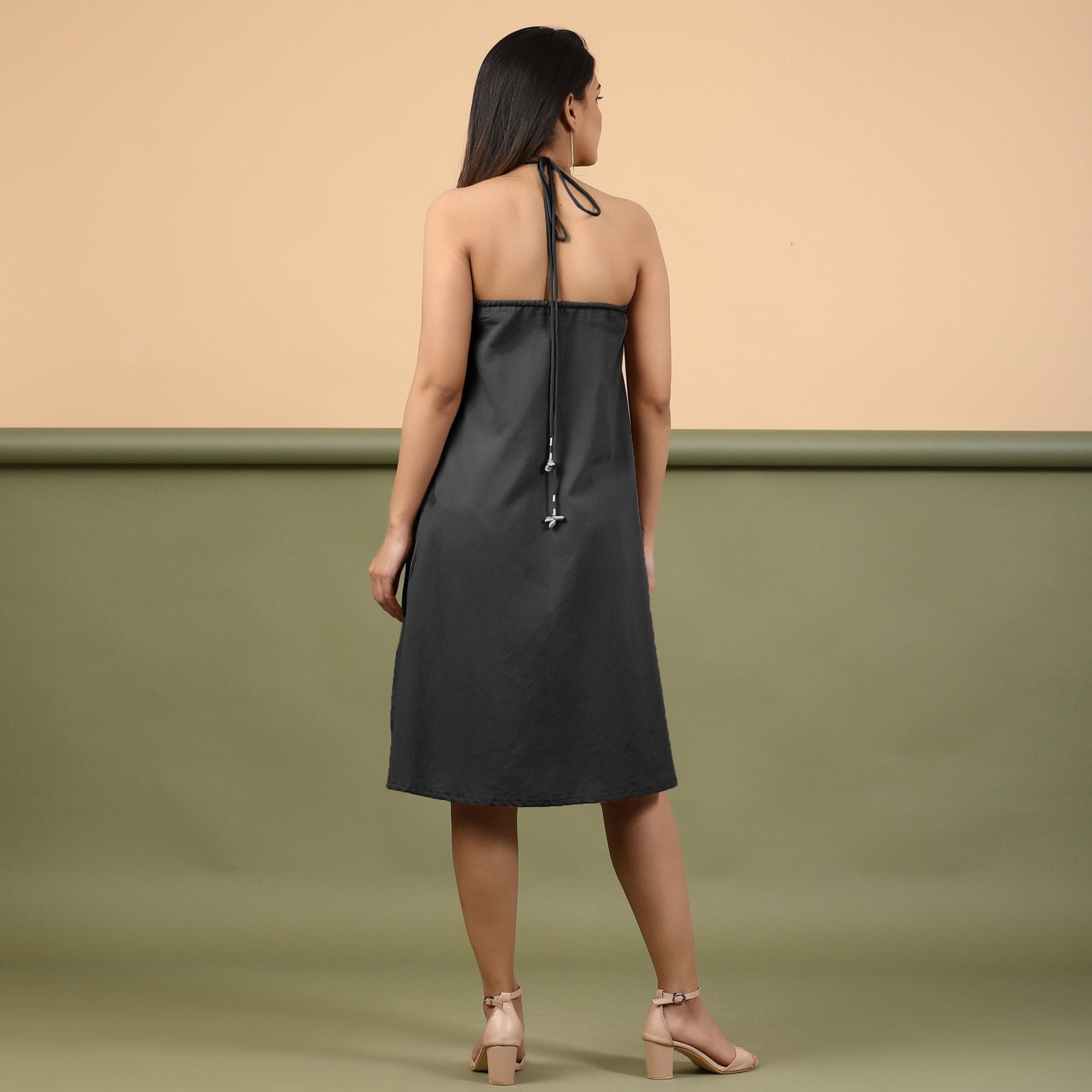 Black Halter Neck Tie-Dye Cotton Knee Length Dress