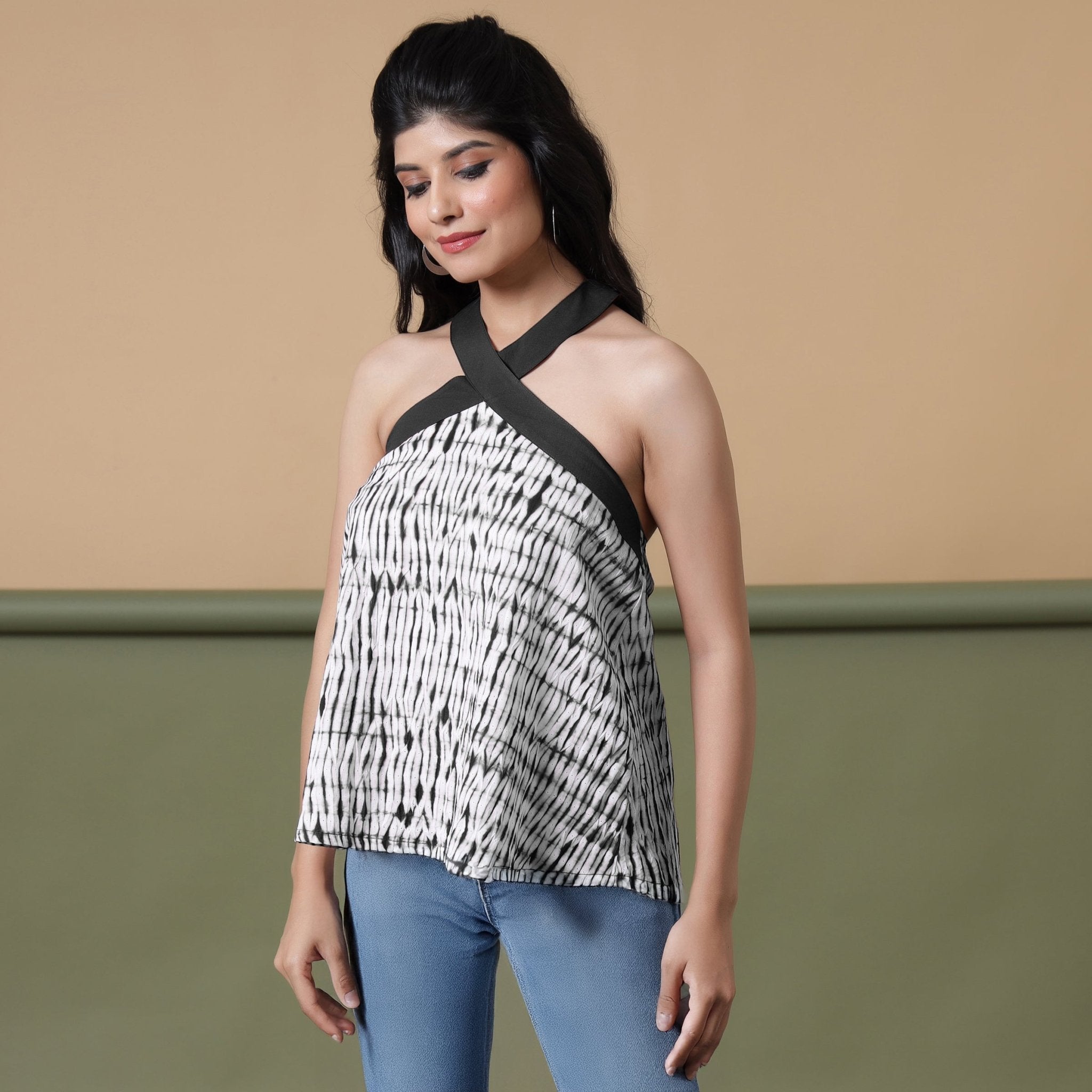 Black Halter Neck Tie-Dye Flared Cotton Top