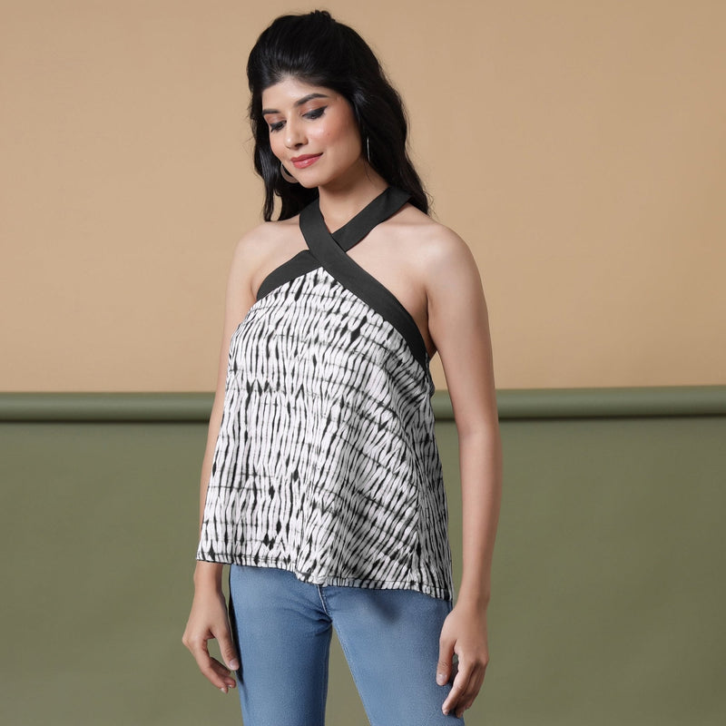 Black Halter Neck Tie-Dye Flared Cotton Top