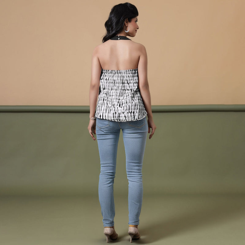 Black Halter Neck Tie-Dye Flared Cotton Top
