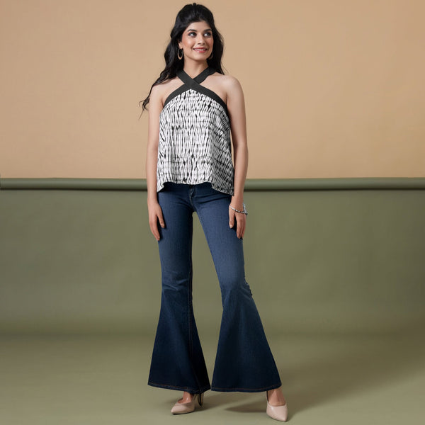 Black Halter Neck Tie-Dye Flared Cotton Top