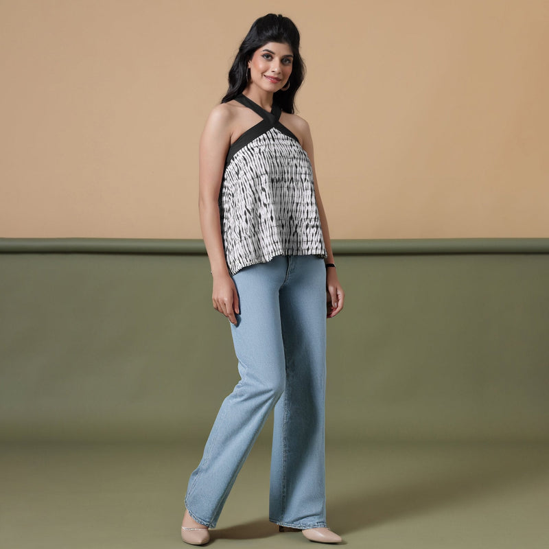 Black Halter Neck Tie-Dye Flared Cotton Top