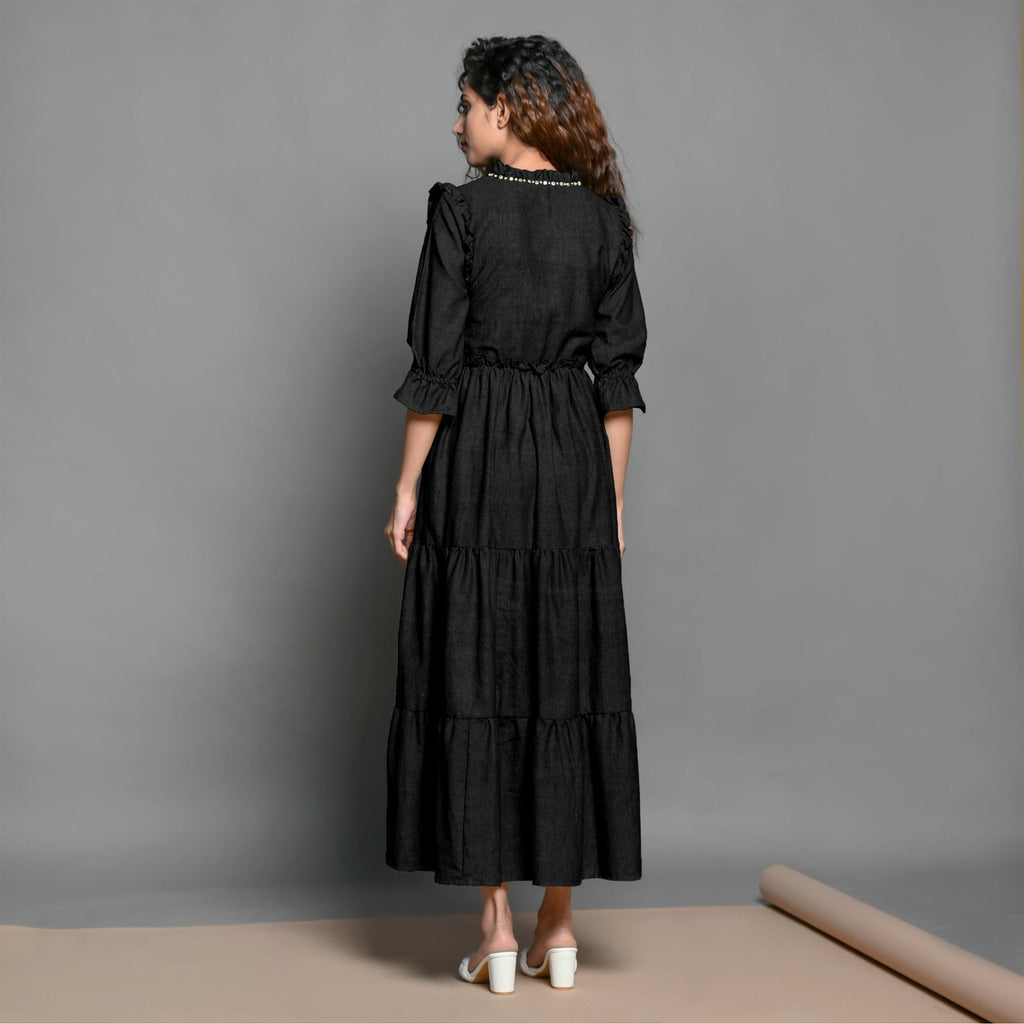 Black Hand-Beaded Cotton Flax Boho Maxi Dress