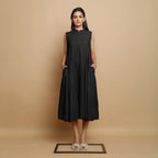 Black Hand-Embroidered Cotton Poplin Sleeveless Midi Dress