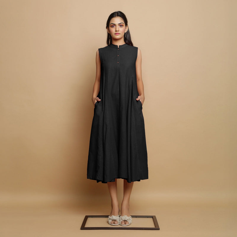 Black Hand-Embroidered Cotton Poplin Sleeveless Midi Dress