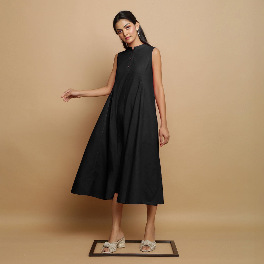 Black Hand-Embroidered Cotton Poplin Sleeveless Midi Dress