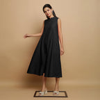 Black Hand-Embroidered Cotton Poplin Sleeveless Midi Dress