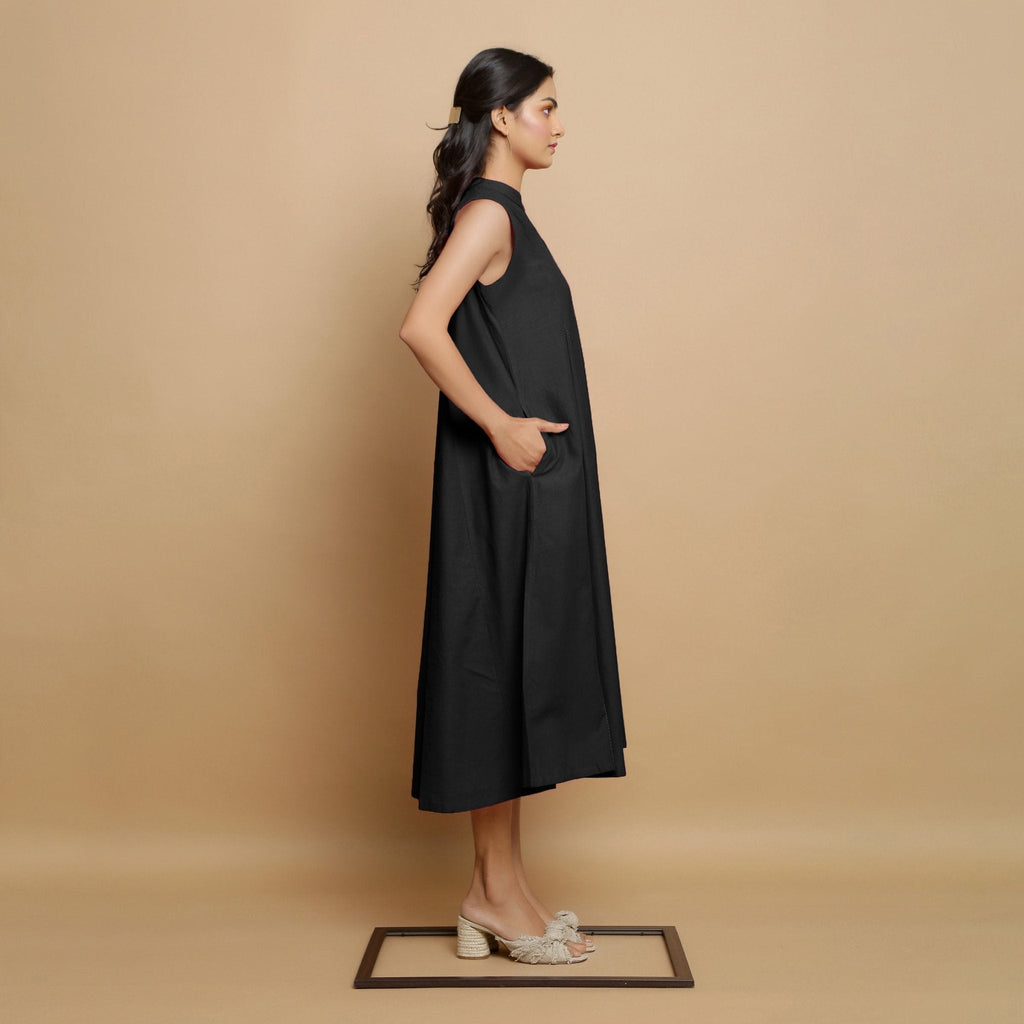 Black Hand-Embroidered Cotton Poplin Sleeveless Midi Dress