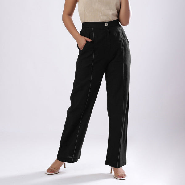 Black Handspun 100% Cotton Mid-Rise Elasticated Pant