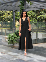 Black Handspun Cotton A-Line Front Slit Maxi Dress