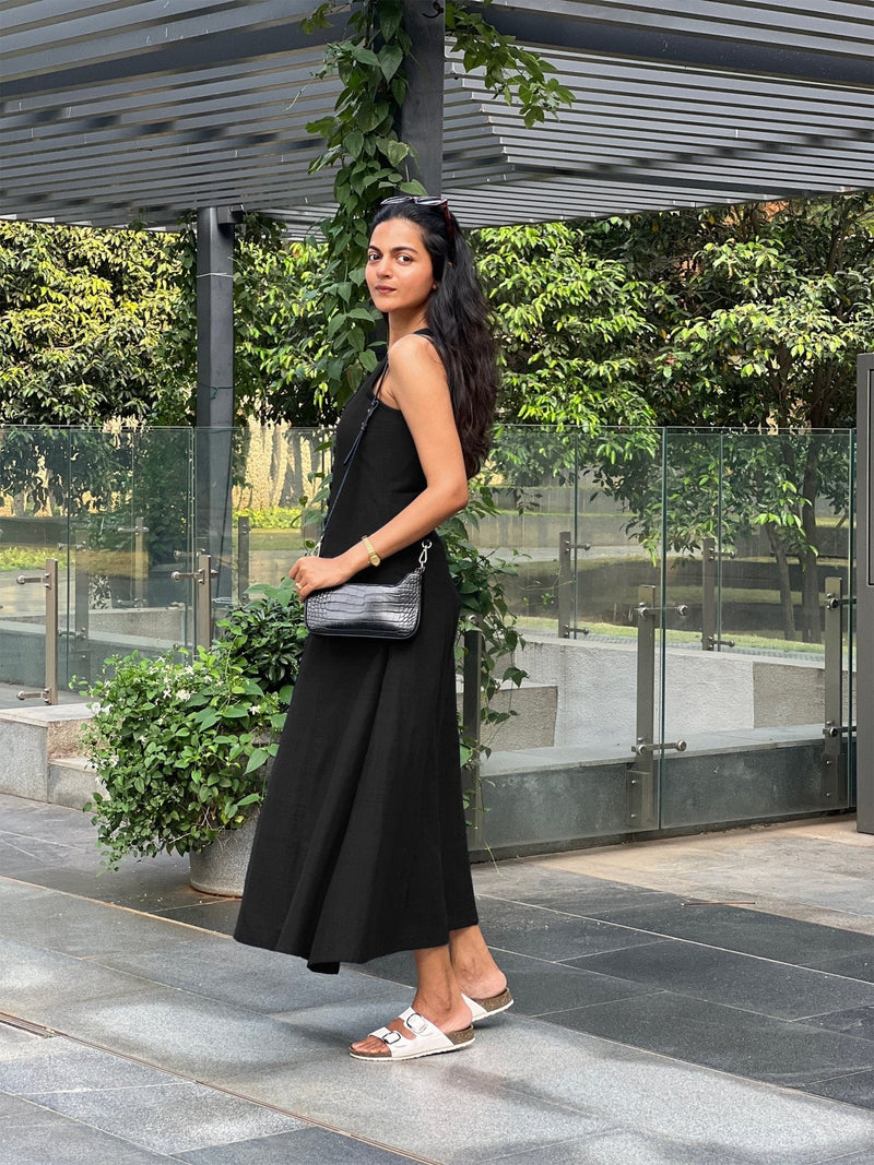 Black Handspun Cotton A-Line Front Slit Maxi Dress