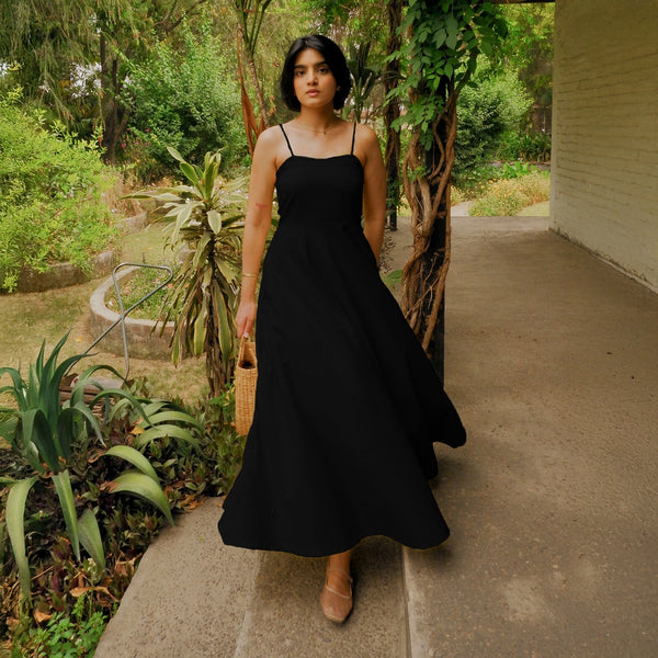 Black Handspun Cotton Ankle Length Flared Sundress