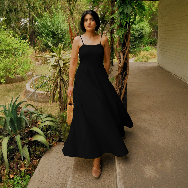 Black Handspun Cotton Ankle Length Flared Sundress