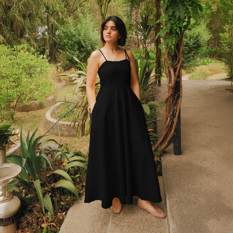 Black Handspun Cotton Ankle Length Flared Sundress