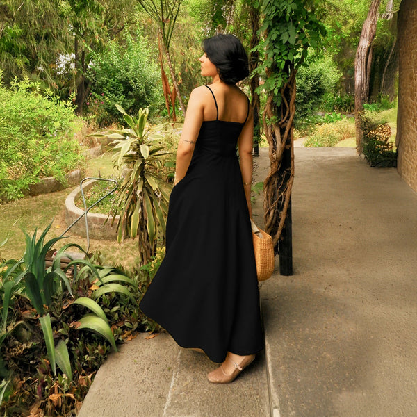 Black Handspun Cotton Ankle Length Flared Sundress
