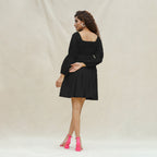 Black Handspun Cotton Bohemian Gathered Short Dress