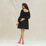 Black Handspun Cotton Bohemian Gathered Short Dress