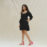 Black Handspun Cotton Bohemian Gathered Short Dress