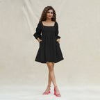 Black Handspun Cotton Bohemian Gathered Short Dress