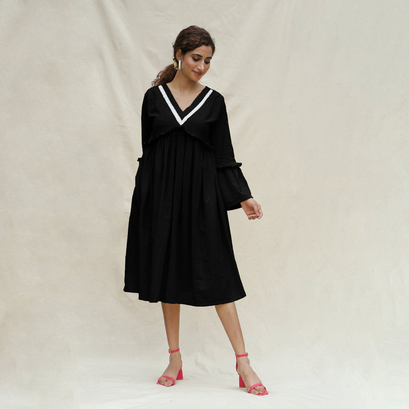 Black Handspun Cotton Bohemian Midi Dress