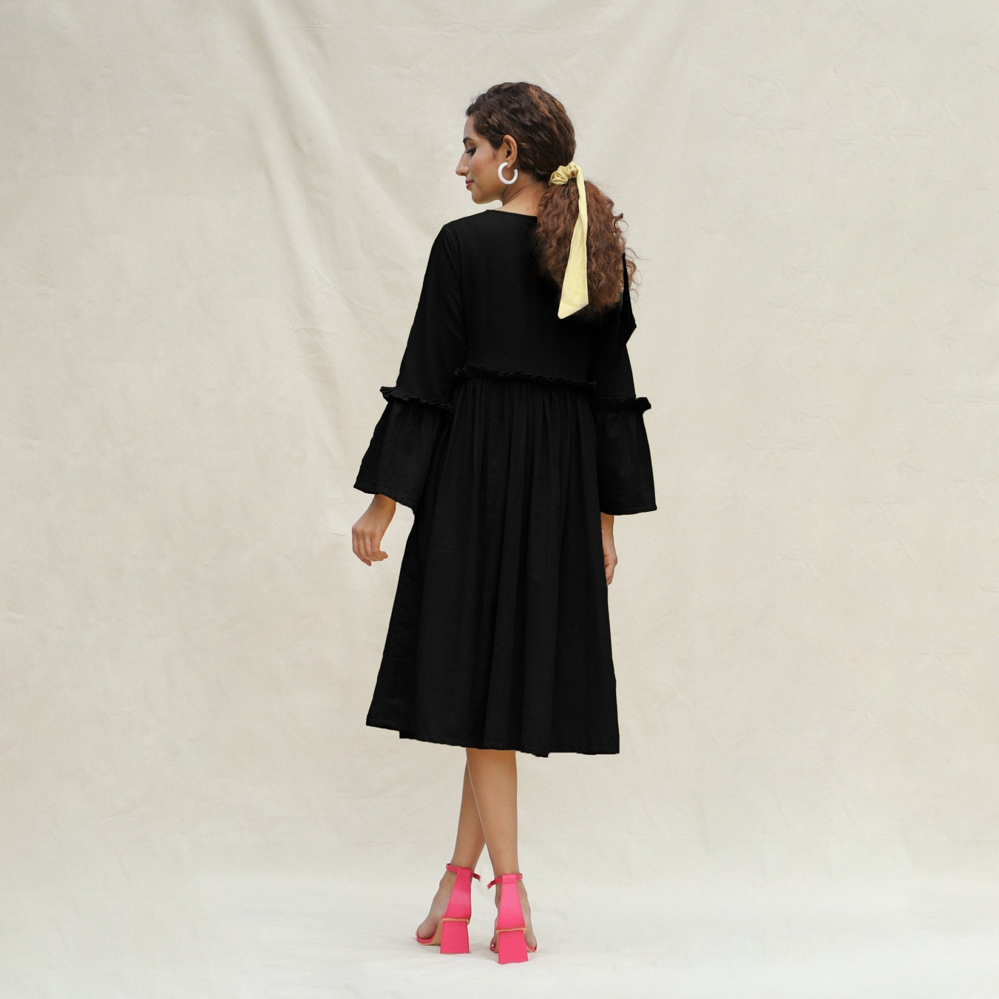 Black Handspun Cotton Bohemian Midi Dress