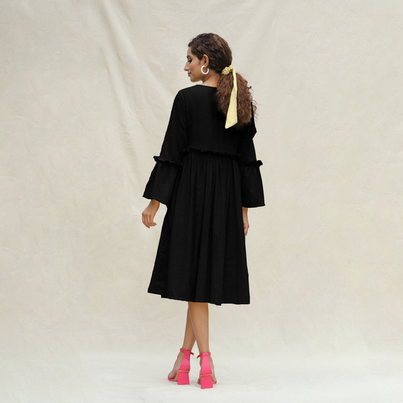 Black Handspun Cotton Bohemian Midi Dress