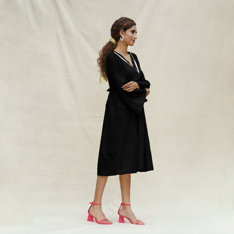 Black Handspun Cotton Bohemian Midi Dress