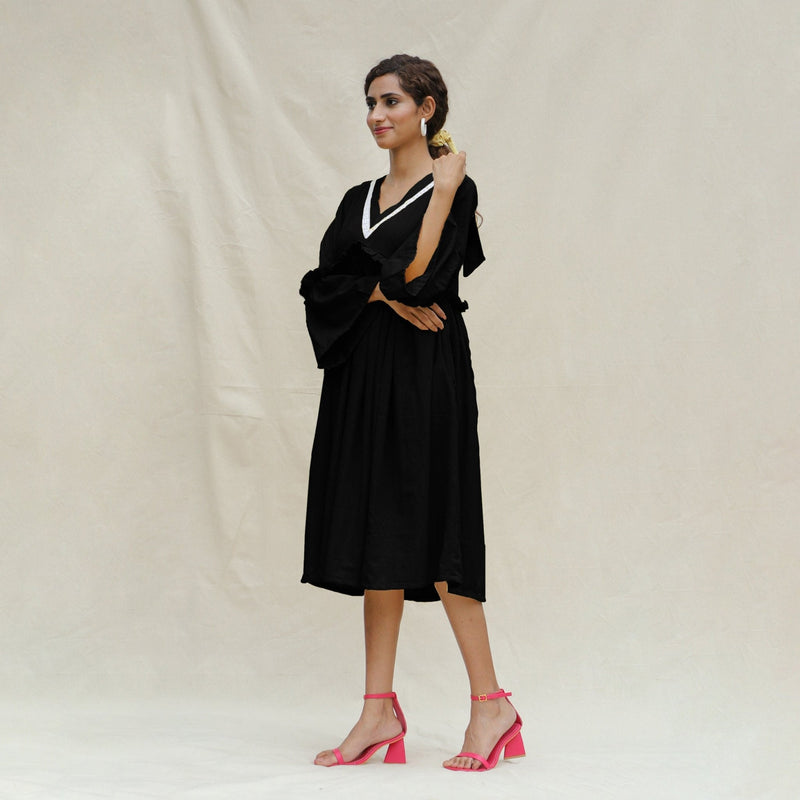 Black Handspun Cotton Bohemian Midi Dress