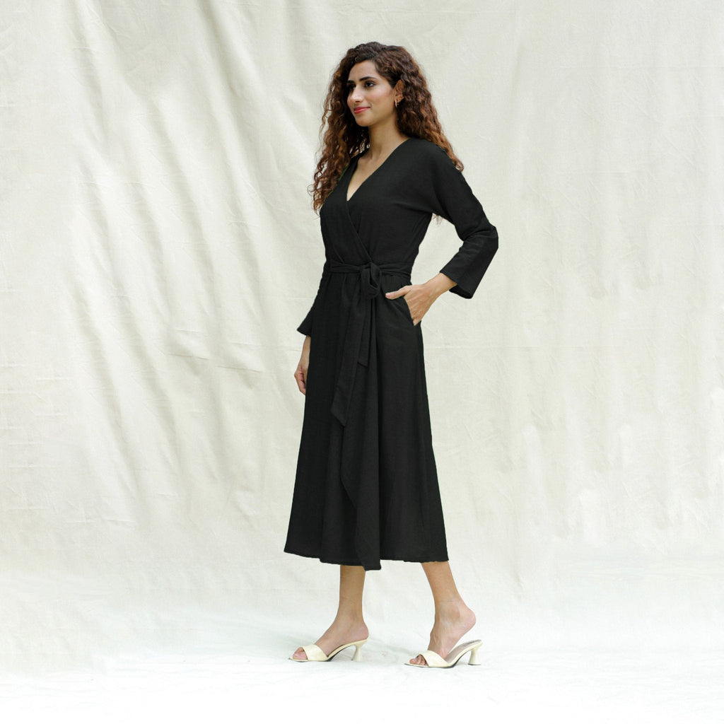 Black Handspun Cotton Drop Shoulder Midi Wrap Dress