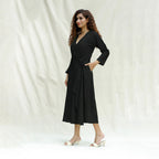 Black Handspun Cotton Drop Shoulder Midi Wrap Dress