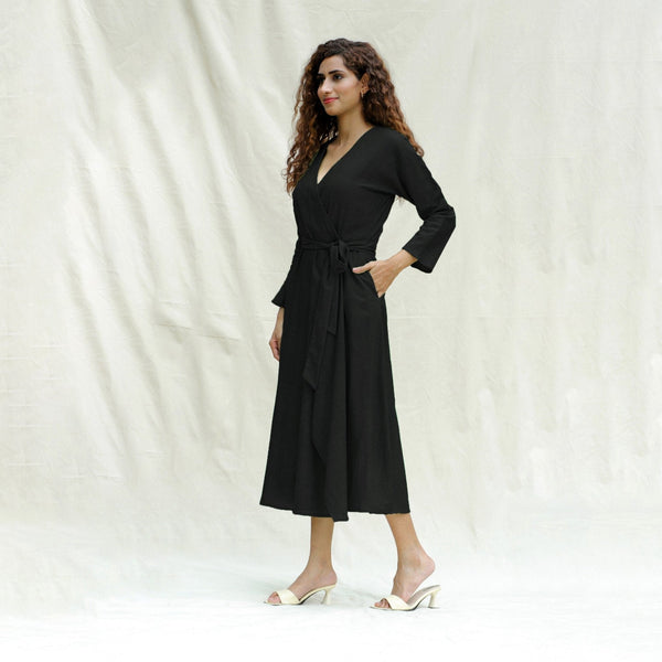 Black Handspun Cotton Drop Shoulder Midi Wrap Dress