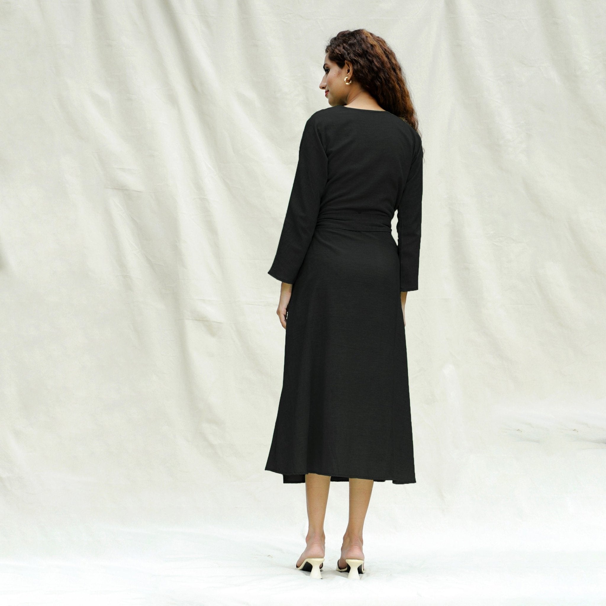 Black Handspun Cotton Drop Shoulder Midi Wrap Dress
