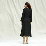 Black Handspun Cotton Drop Shoulder Midi Wrap Dress