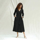 Black Handspun Cotton Drop Shoulder Midi Wrap Dress