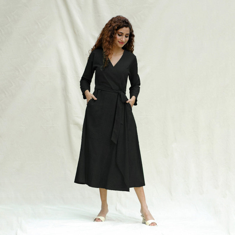 Black Handspun Cotton Drop Shoulder Midi Wrap Dress